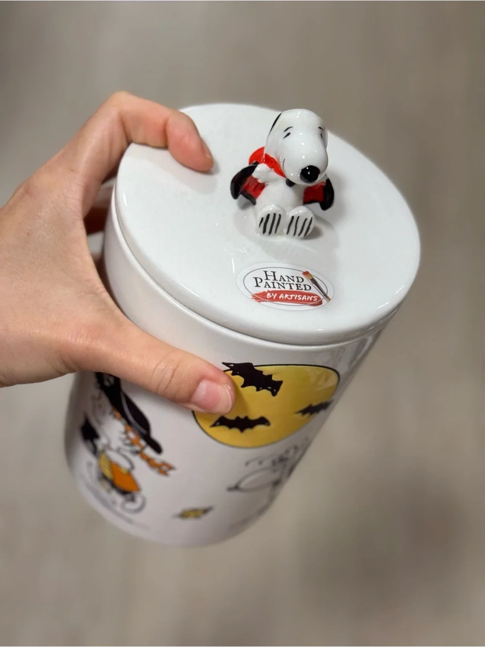Peanuts White Ceramic Canister with Yellow Moon and Black Accents